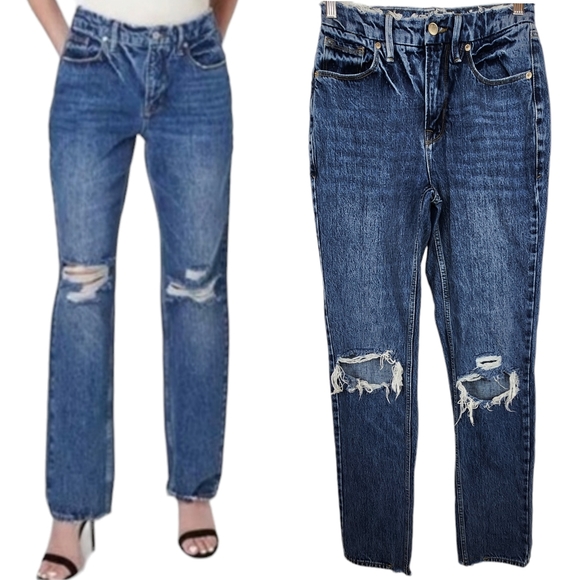 Good American Good '90s Ripped Slim Fit Straight Leg Jeans Rigid Nonstretch 25 0 - Picture 1 of 13